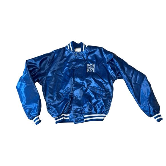 Vintage Windless FOX 26 News Satin Bomber Jacket in Royal Blue Size Medium - Picture 1 of 4